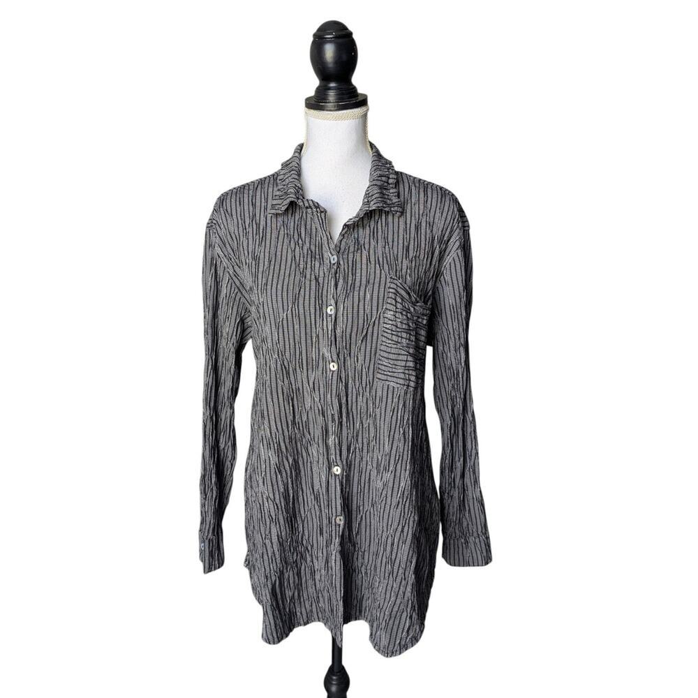 Cut Loose Gray Black Textured Striped Button Up Blouse Size Small Cotton Blend